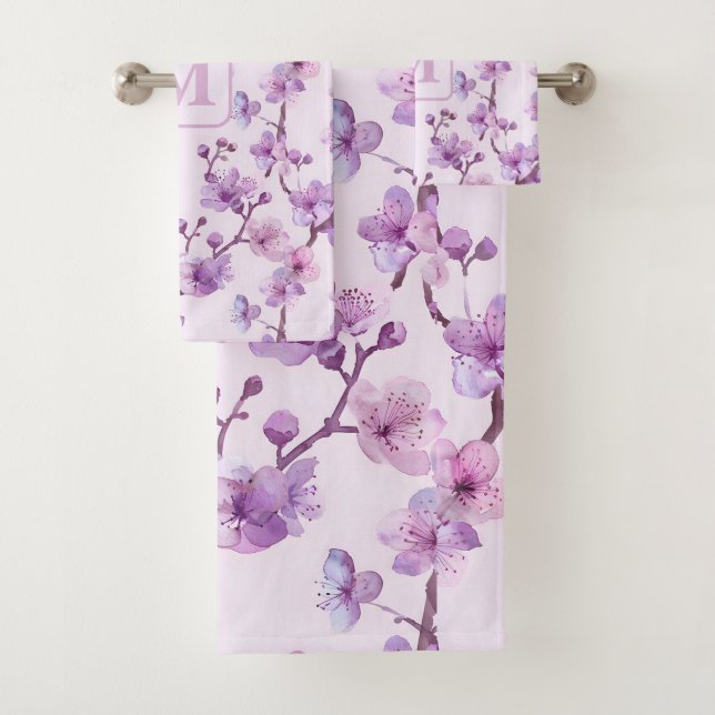 purple cherry blossoms personalised monogram bath towel set (Insitu)