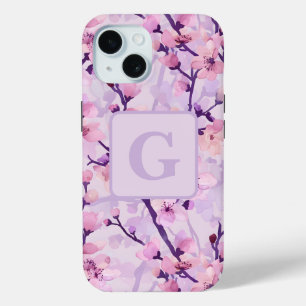 Purple cherry blossoms personalised monogram iPhone 15 case