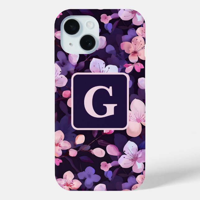 Purple cherry blossoms personalised monogram  Case-Mate iPhone case (Back)