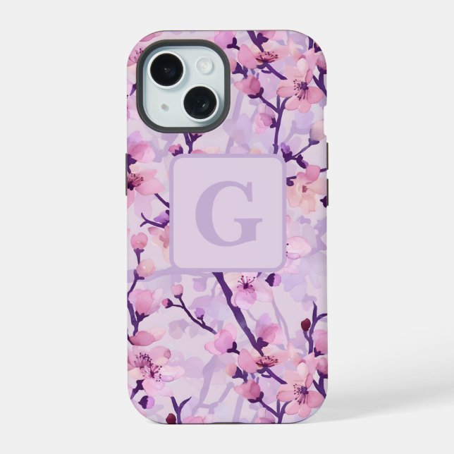 Purple cherry blossoms personalised monogram  iPhone 15 case (Back)