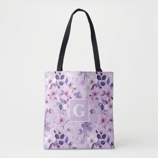 Purple cherry blossoms personalised monogram  tote bag (Front)