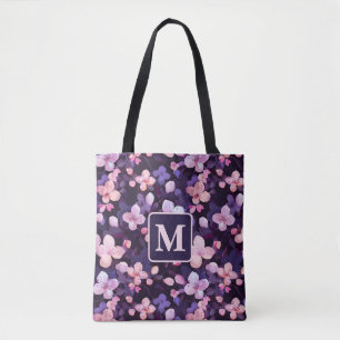 Purple cherry blossoms personalised monogram tote bag