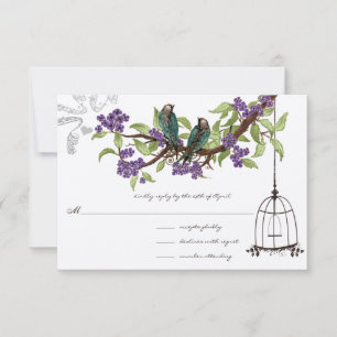 Purple Cherry Blossoms Teal Birds Birdcage RSVP Card
