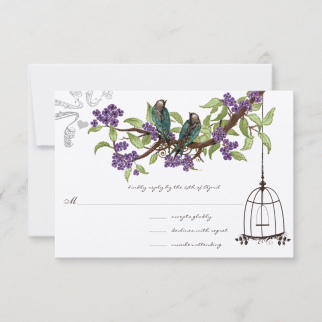Purple Cherry Blossoms Teal Birds Birdcage RSVP Card (Front)