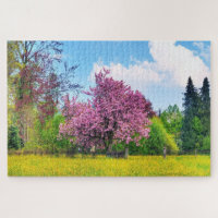 Purple Cherry Tree On Yellow Flower Field