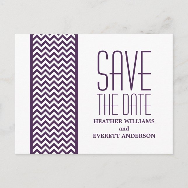 Purple Chevron Border Save the Date Postcard (Front)