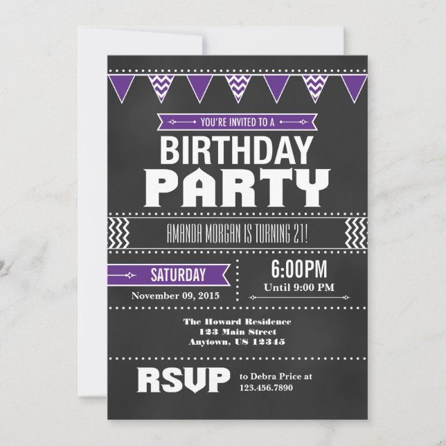 Purple Chevron Chalkboard Birthday Invitation (Front)