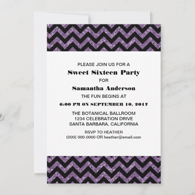 Purple Chevron Glitter Sweet 16 Party Invite (Front)