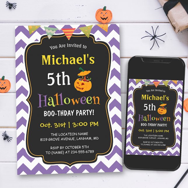 Purple Chevron Kid's Halloween Birthday Party Invitation (Make your child's birthday a truly special with this delightful and customizable invitation!)