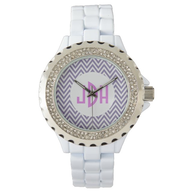 Purple Chevron Monogram White Enamel Watch (Front)