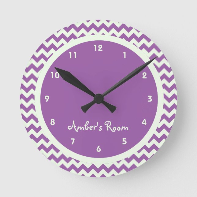 Purple Chevron Personalised Kid's Bedroom Round Clock (Front)