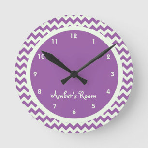 Purple Chevron Personalised Kid's Bedroom Round Clock