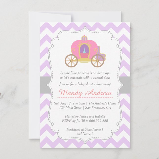 Purple Chevron Princess Carriage, Girl Baby Shower Invitation (Front)