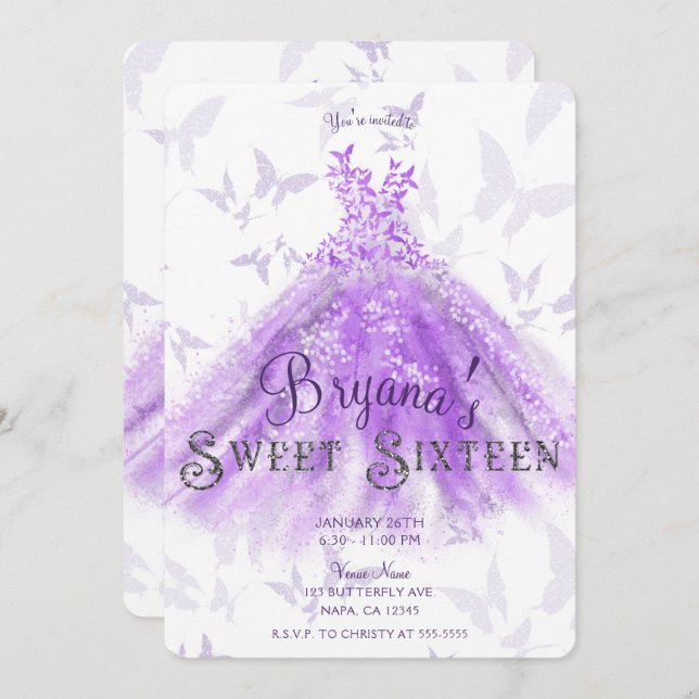 Purple Chic Butterfly Dance Dress Sweet 16  Invitation (Front/Back)