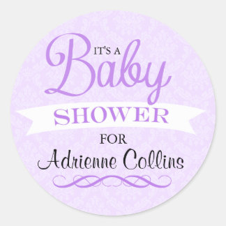 Purple Chic Damask Baby Shower Sticker