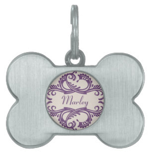Purple Chic Damask Pet Tag