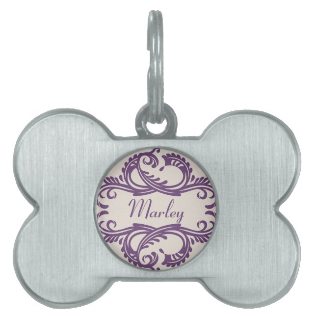 Purple Chic Damask Pet Tag (Front)