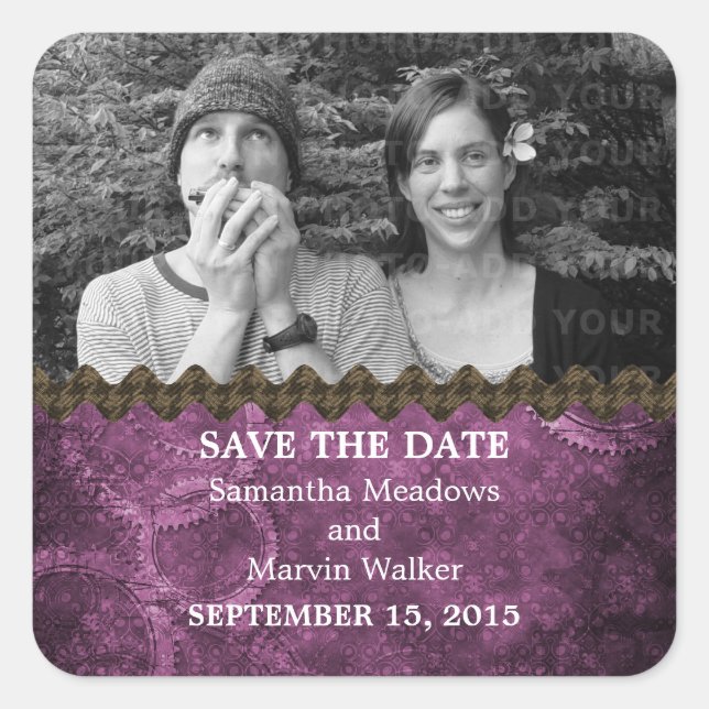 Purple Chic Steampunk Photo Save the Date Stickers (Front)