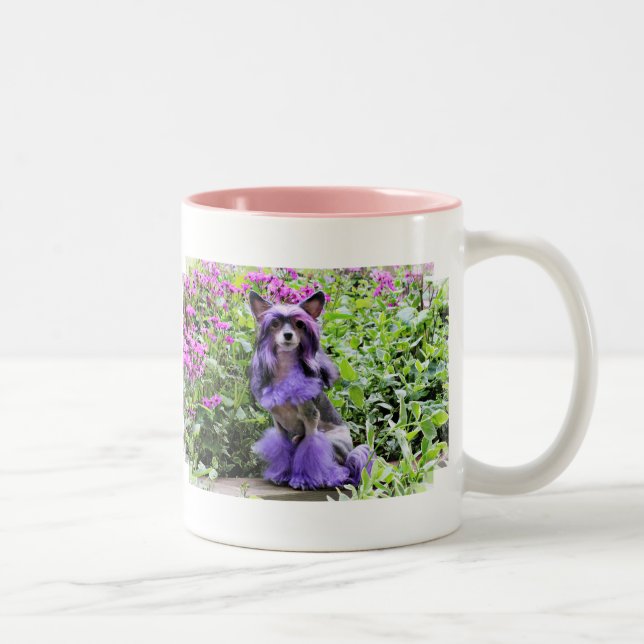 Purple Chinese Crested Dog in Pink Flowers Two-Tone Coffee Mug (Right)