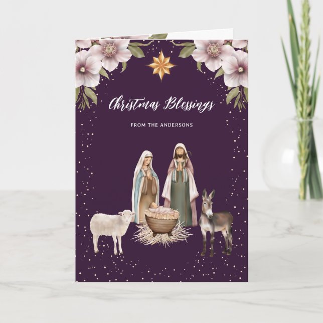 Purple Christian Baby Jesus Nativity Scene Holiday Card (Front)