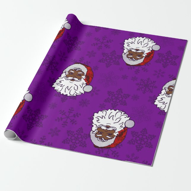purple christmas black santa snowflakes wrapping paper (Unrolled)
