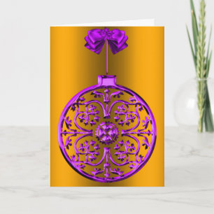 Purple Christmas Decoration on Gold Holiday Card