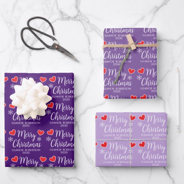 Purple Christmas Elegant Snowflake Heart Pattern Wrapping Paper Sheet (Front)