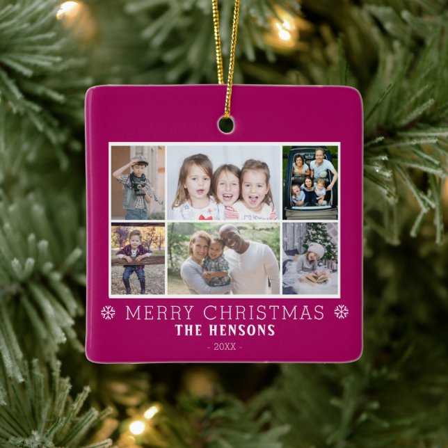 Purple Christmas Family 6 Photo Collage Ceramic Ornament (Tree)