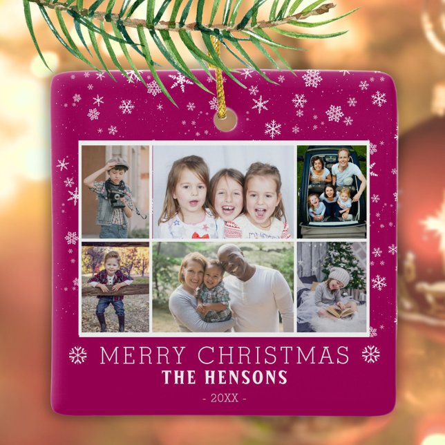 Purple Christmas Family 6 Photo Collage Ceramic Ornament (Creator Uploaded)