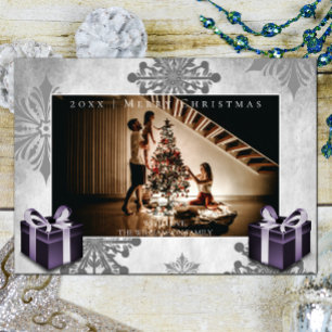 Purple Christmas Gifts and Snowflakes Photo Card