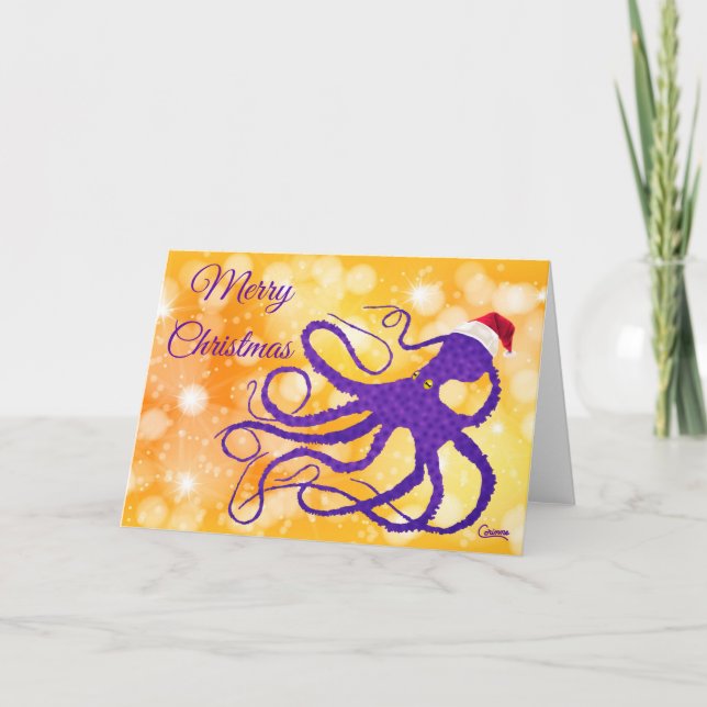 Purple Christmas Octopus - 7" x 5" Card (Front)