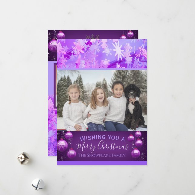 Purple Christmas Photo Snowflake Holiday Card (Front/Back In Situ)