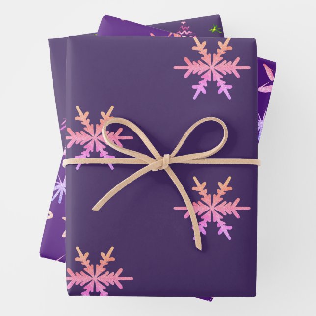 Purple Christmas Snowflake Star Xmas Tree Wrapping Paper Sheet (In situ)