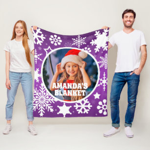 Purple Christmas Snowflakes Custom Kids Photo Fleece Blanket