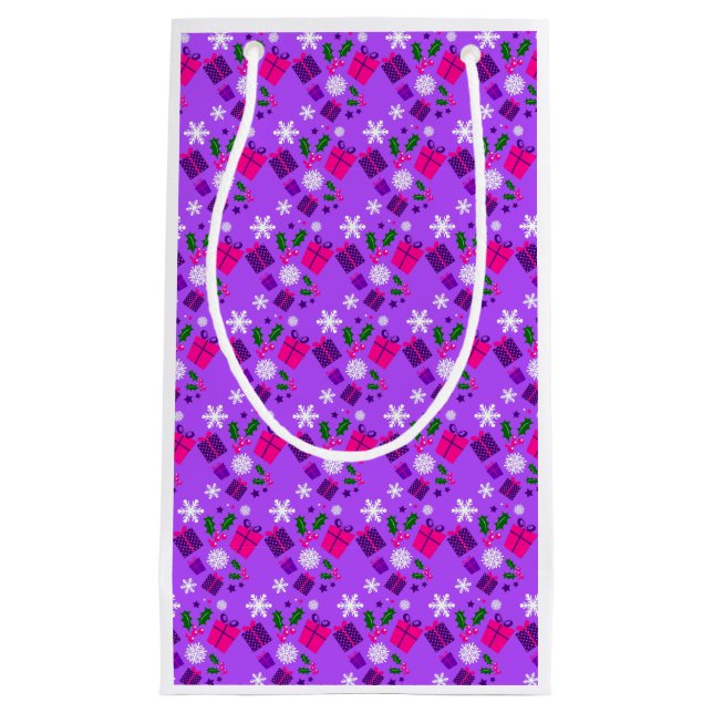 purple christmas snowflakes holly small gift bag (Front)