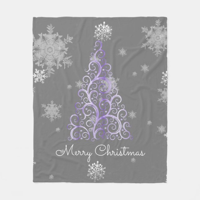 Purple Christmas Tree and Snowflakes Fleece Blanket (Front)