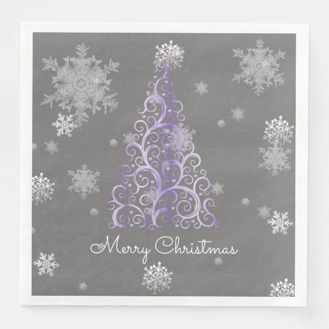 Purple Christmas Tree and Snowflakes Paper Napkin (Front)