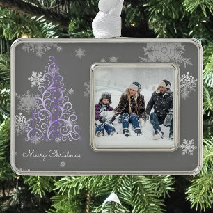 Purple Christmas Tree and Snowflakes Silver Plated Framed Ornament