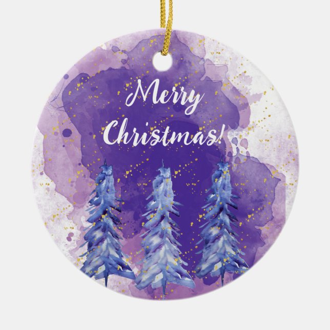 Purple Christmas Tree Golden Snowflakes Ceramic Ornament (Front)