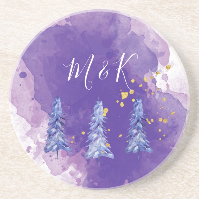 Purple Christmas Tree Golden Snowflakes Coaster (Front)