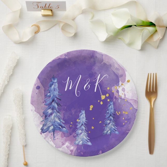 Purple Christmas Tree Golden Snowflakes Paper Plate (Wedding)