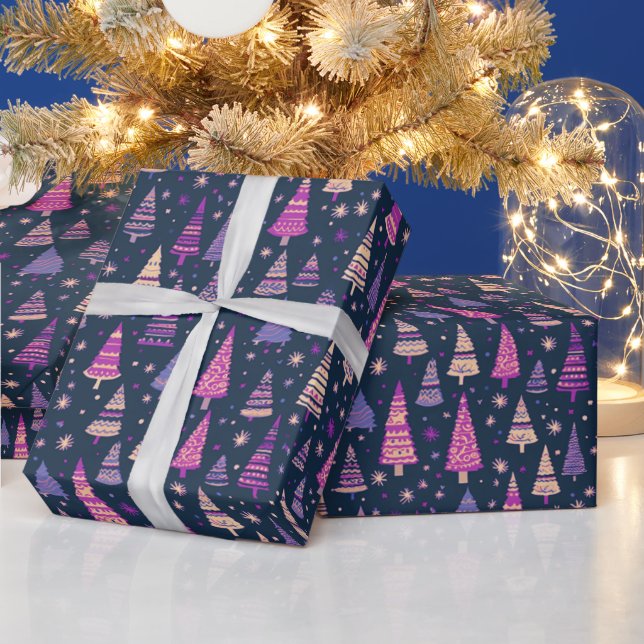 Purple Christmas Trees Snowflakes Blue Christmas Wrapping Paper (Holidays)
