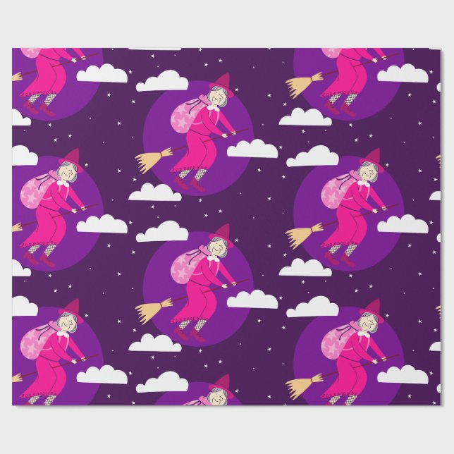 purple christmas witch befana broomrider spookmas wrapping paper (Flat)