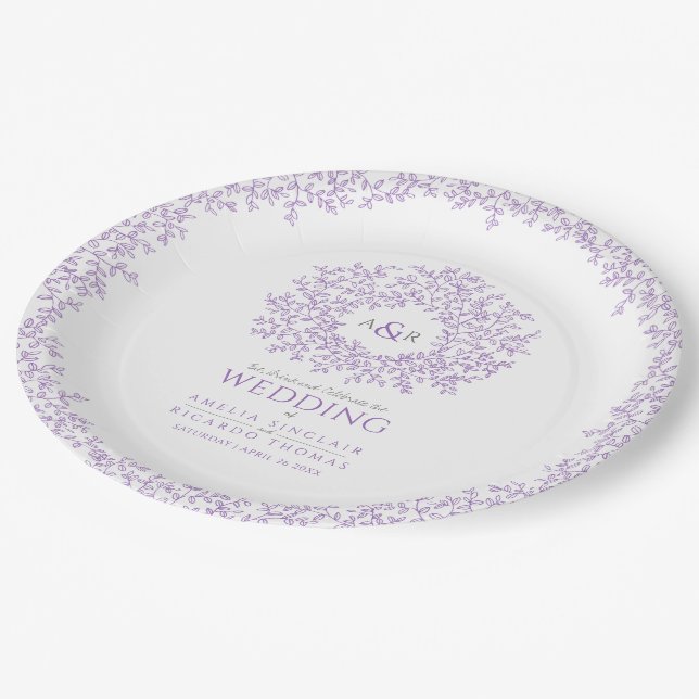 Purple circle leaf drawing monogram wedding paper plate (Angled)