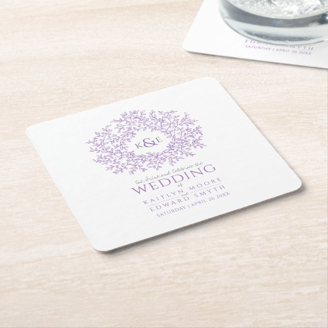Purple circle leaf drawing monogram wedding square paper coaster (Angled)