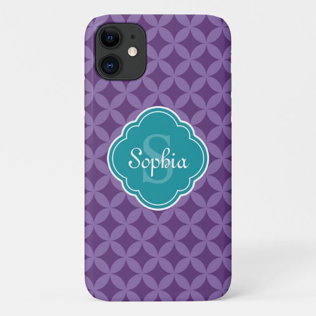 Purple Circle Leaf Pattern Teal Monogram Case-Mate iPhone Case (Back)