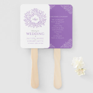 Purple circle of leaves monogram wedding program hand fan