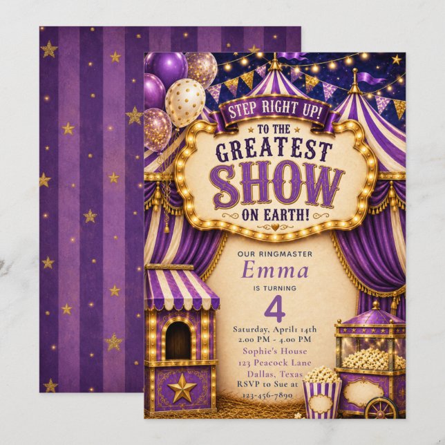 Purple Circus Party Invitation (Front/Back)