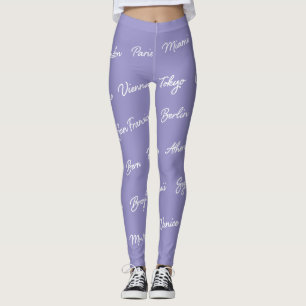 Purple cities of the world pattern, text modern leggings