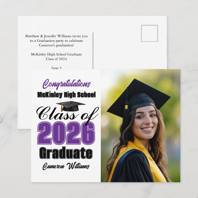 Purple Class of 2026 Graduate Photo Graduation Announcement Postcard (Front/Back)